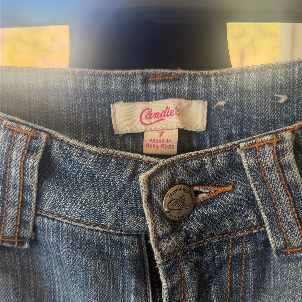 Candie's Distressed Blue Jeans with Red Floral Embroidery - Picture 4 of 5